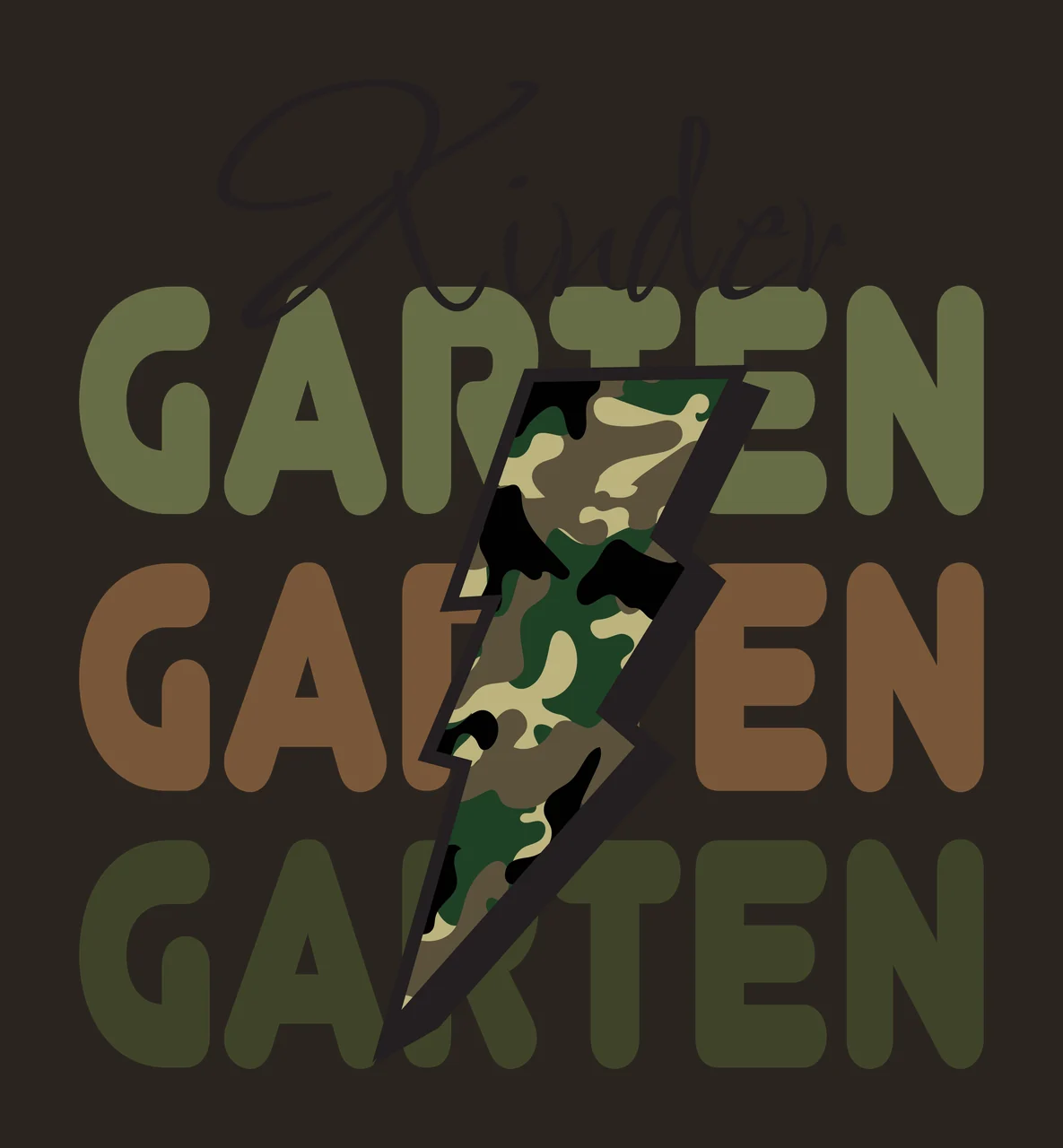 Kinder GARTEN GARTEN GARTEN Typography Design with script font, block lettering, lightning bolt and camouflage pattern in olive green, brown and dark green contrast preview thumbnail