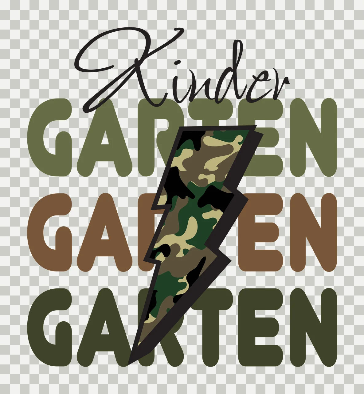 Kinder GARTEN GARTEN GARTEN Typography Design with script font, block lettering, lightning bolt and camouflage pattern in olive green, brown and dark green transparency and detail preview thumbnail