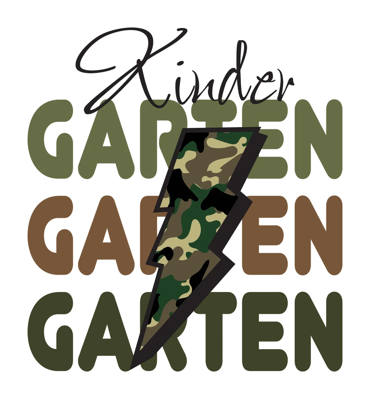 Kinder GARTEN GARTEN GARTEN Typography Design with script font, block lettering, lightning bolt and camouflage pattern in olive green, brown and dark green