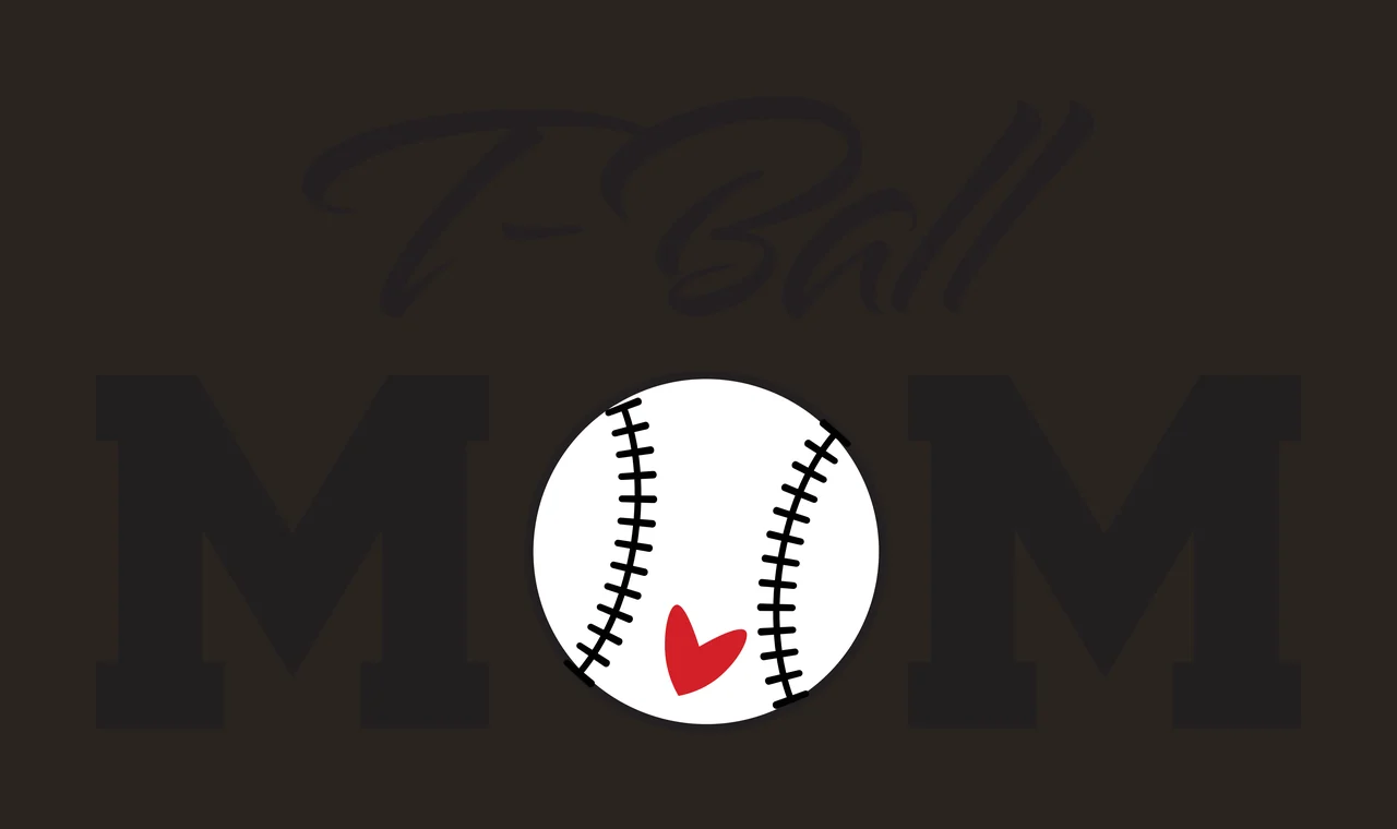 T-Ball MOM Typography Design with T-Ball text, MOM letters, baseball with stitching and red heart in black and white contrast preview thumbnail