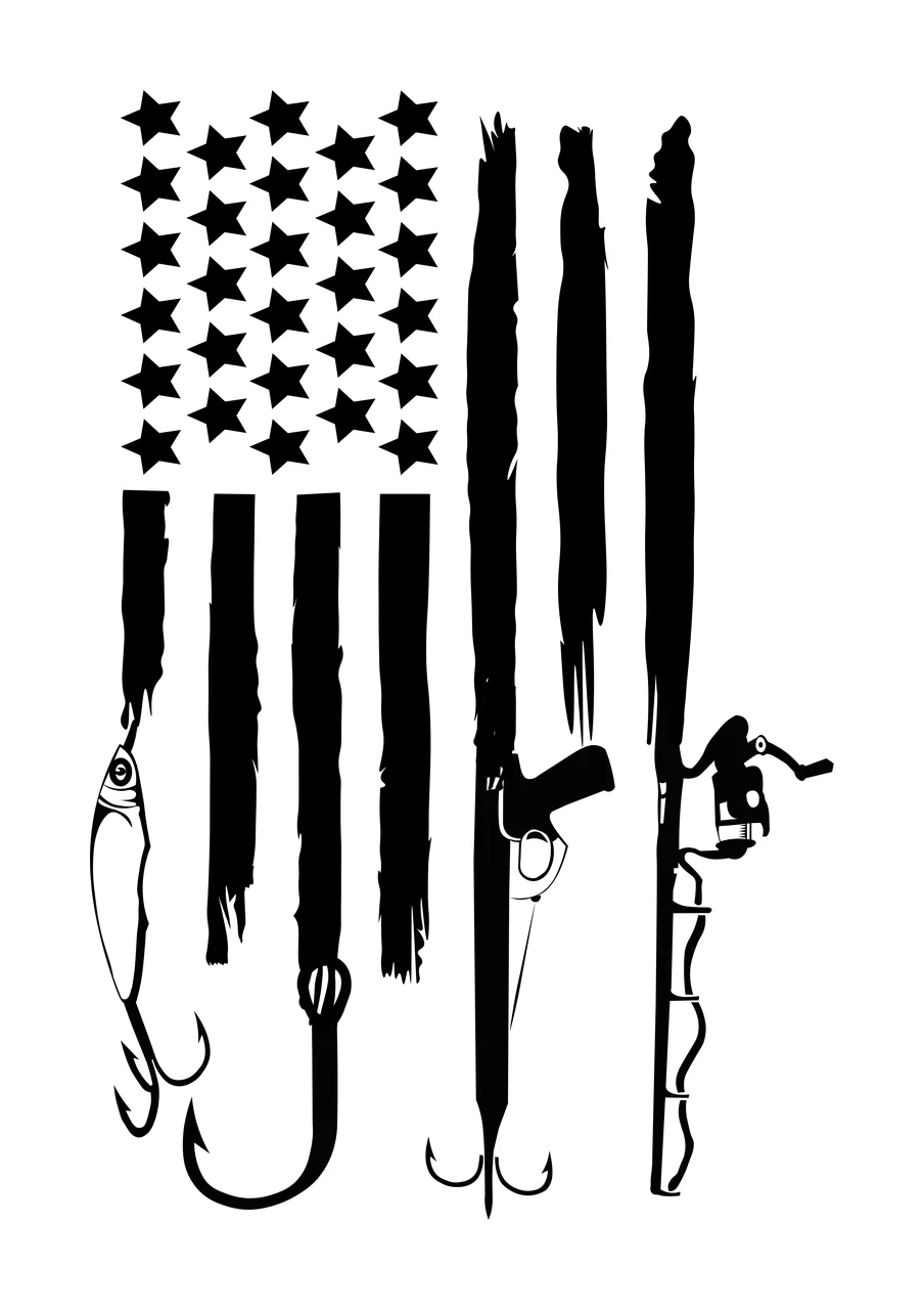 Fishing Gear On Flag Background arranged lure hook rod reel
