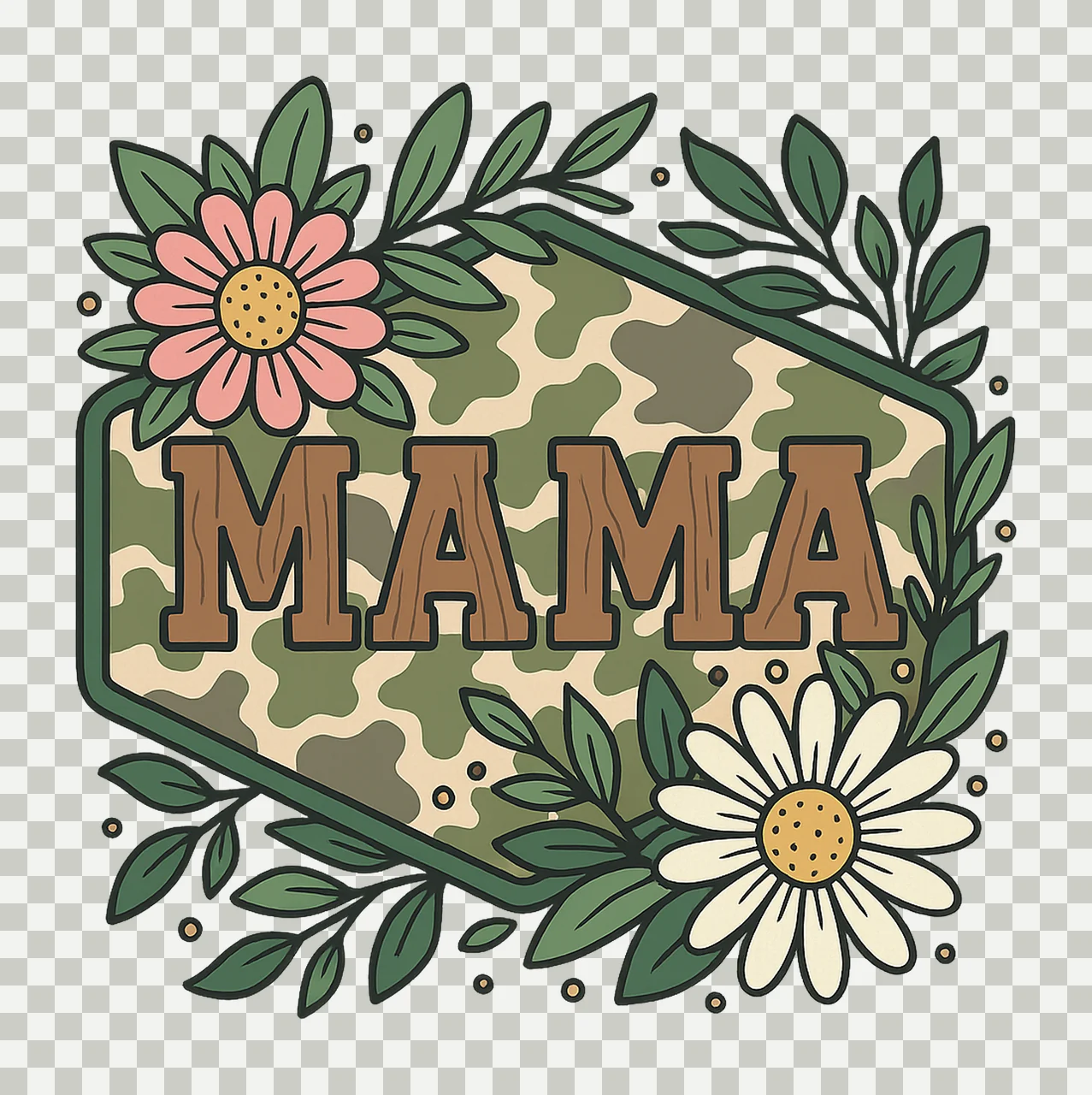 Mama Text Design Decorated With Flowers And Camouflage transparency and detail preview thumbnail