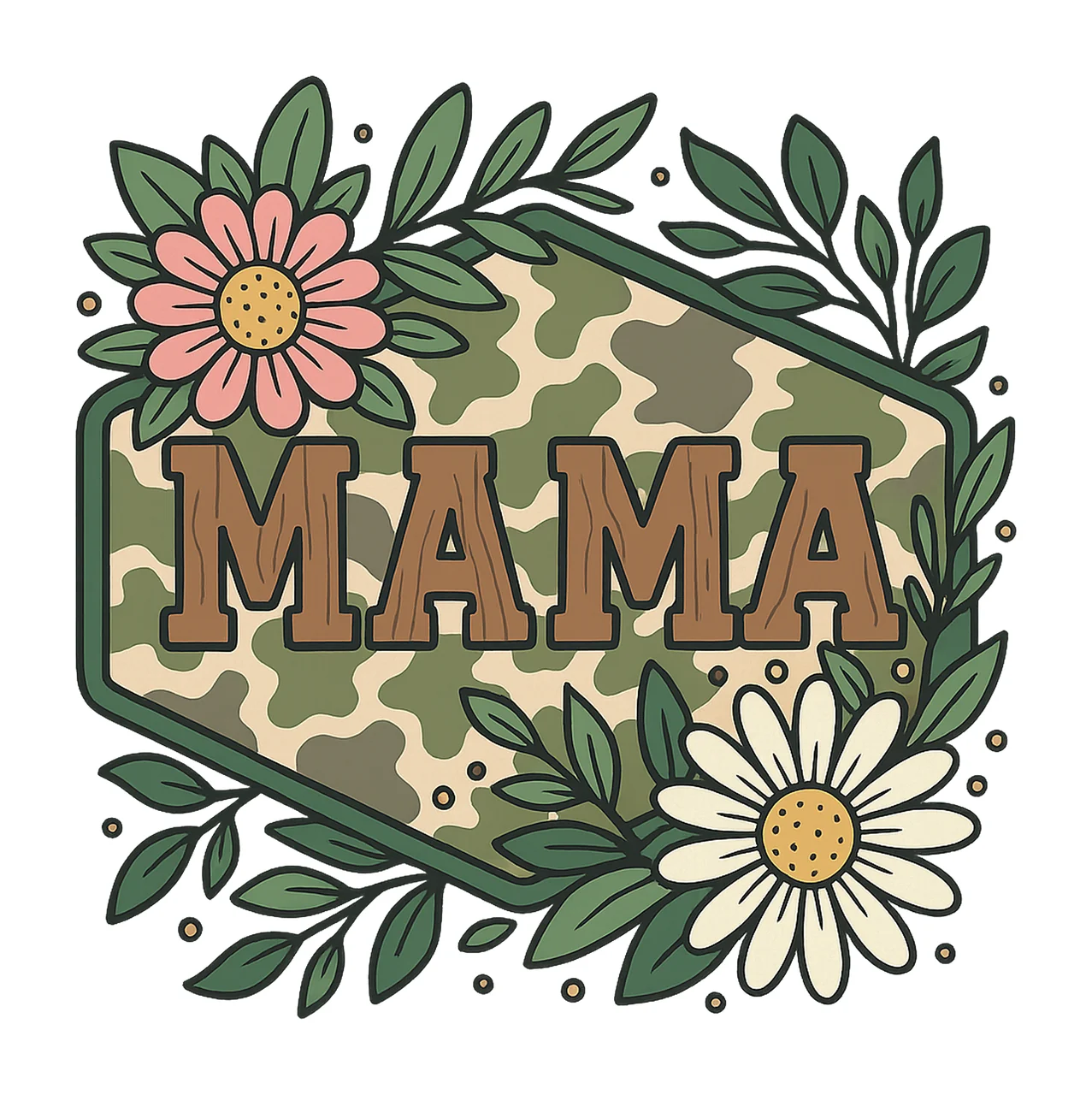 Mama Text Design Decorated With Flowers And Camouflage