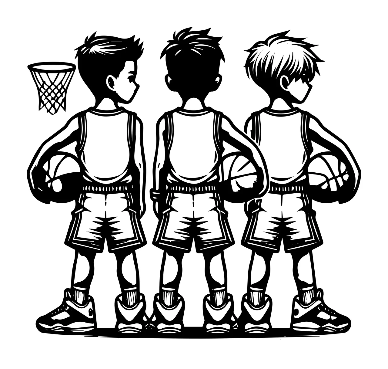Player Three Basketball Players With Hoop Silhouette standing
