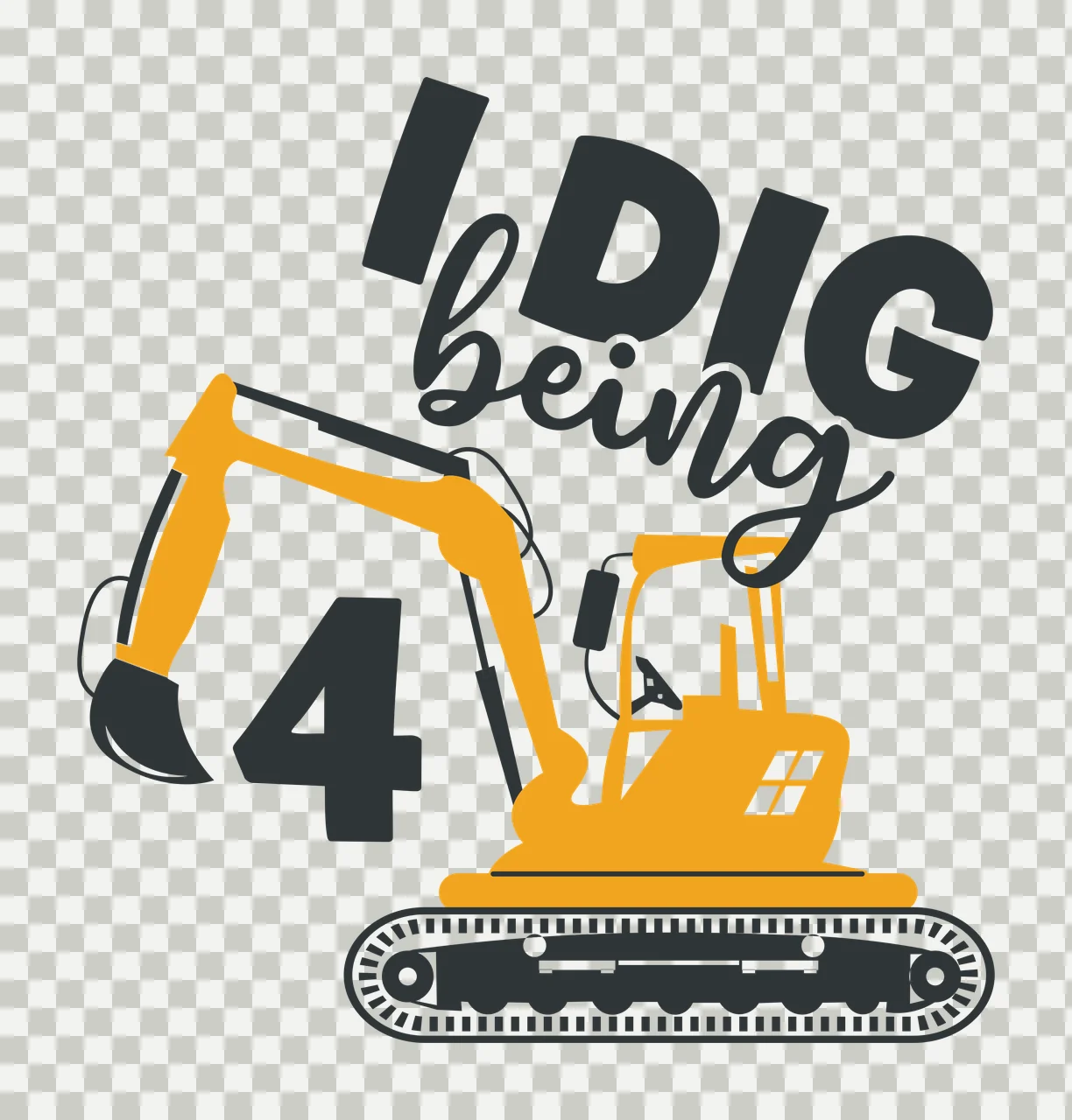 I DIG being 4 excavator fourth birthday illustration with yellow excavator, digger arm, bucket and continuous tracks in black and white transparency and detail preview thumbnail