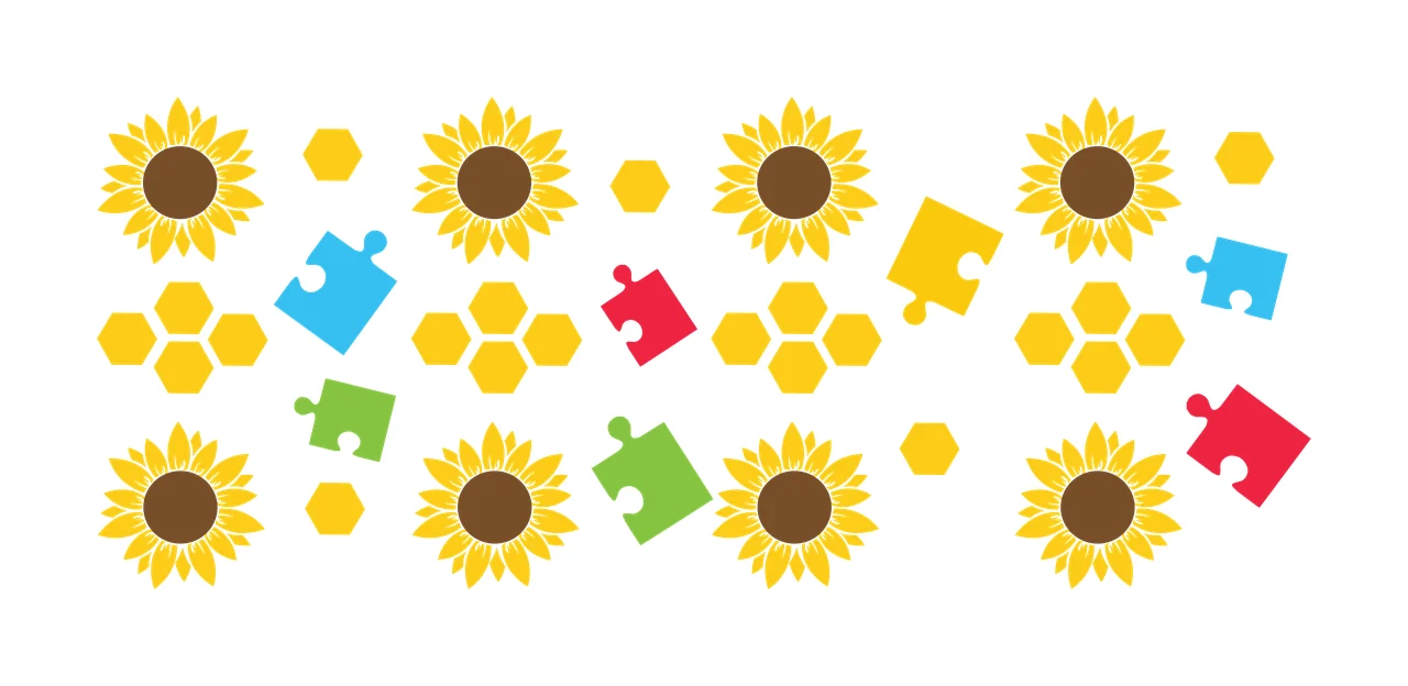 Sunflower, puzzle piece, and hexagon pattern Illustration with yellow sunflower, brown center, colorful puzzle pieces and yellow hexagons in blue