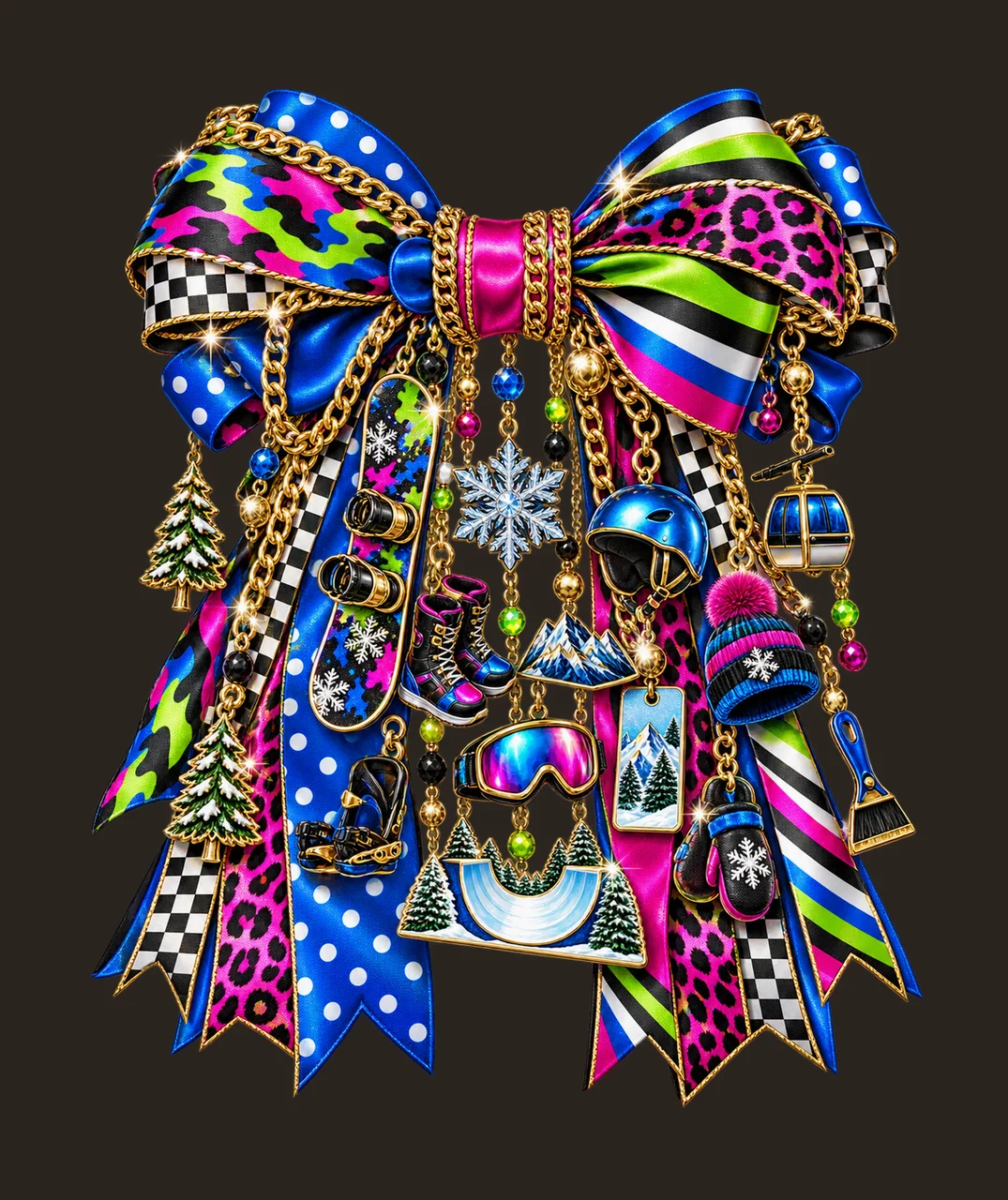 Snowboarding Lover Bow Charm PNG, Snowboard Boots Goggles Mountain and Half Pipe Charms, Winter Sport Design, Transparent Download contrast preview thumbnail