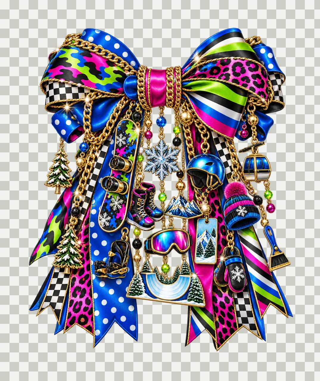 Snowboarding Lover Bow Charm PNG, Snowboard Boots Goggles Mountain and Half Pipe Charms, Winter Sport Design, Transparent Download transparency and detail preview thumbnail