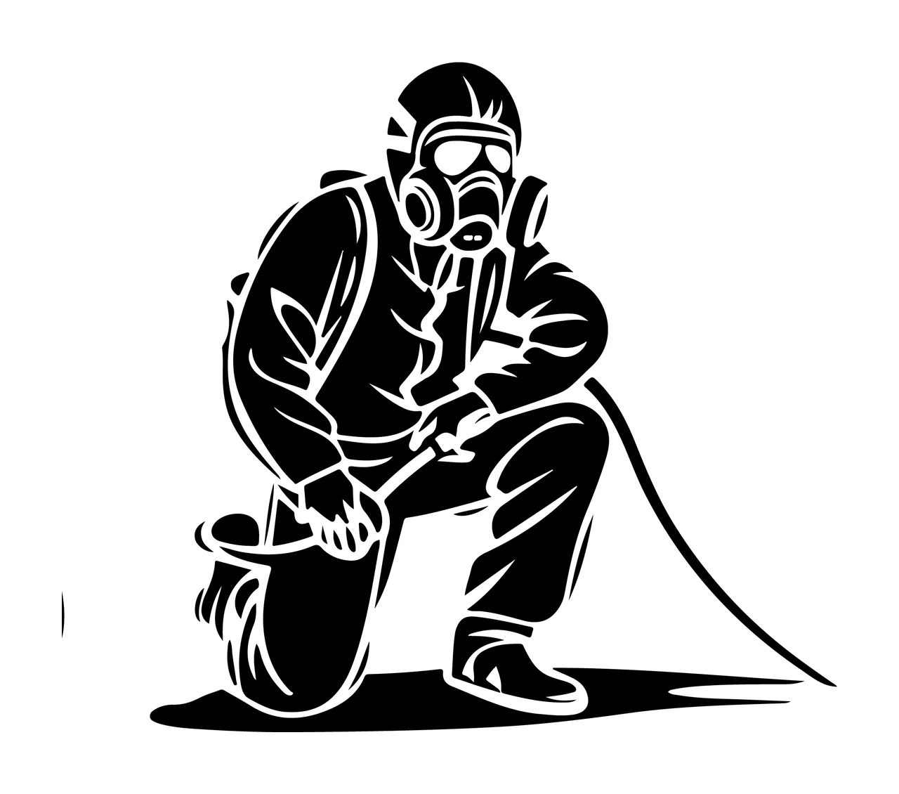 Black Hazmat Figure Kneeling Silhouette gas mask hose white