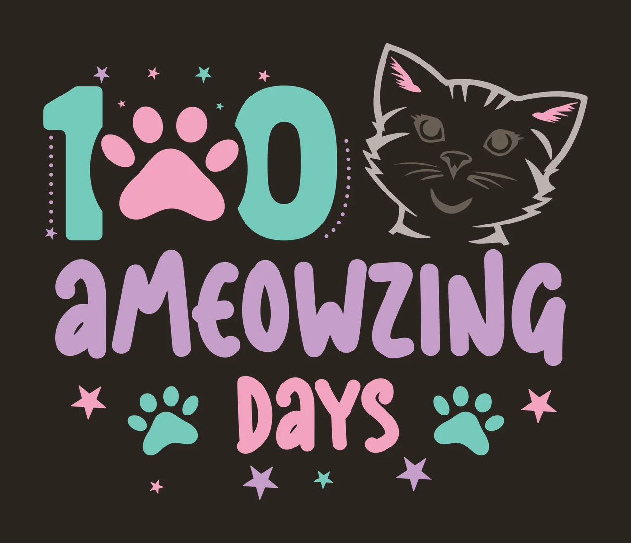 Cat 100 Ameowzing Days Head paw print stars typographic black contrast preview thumbnail