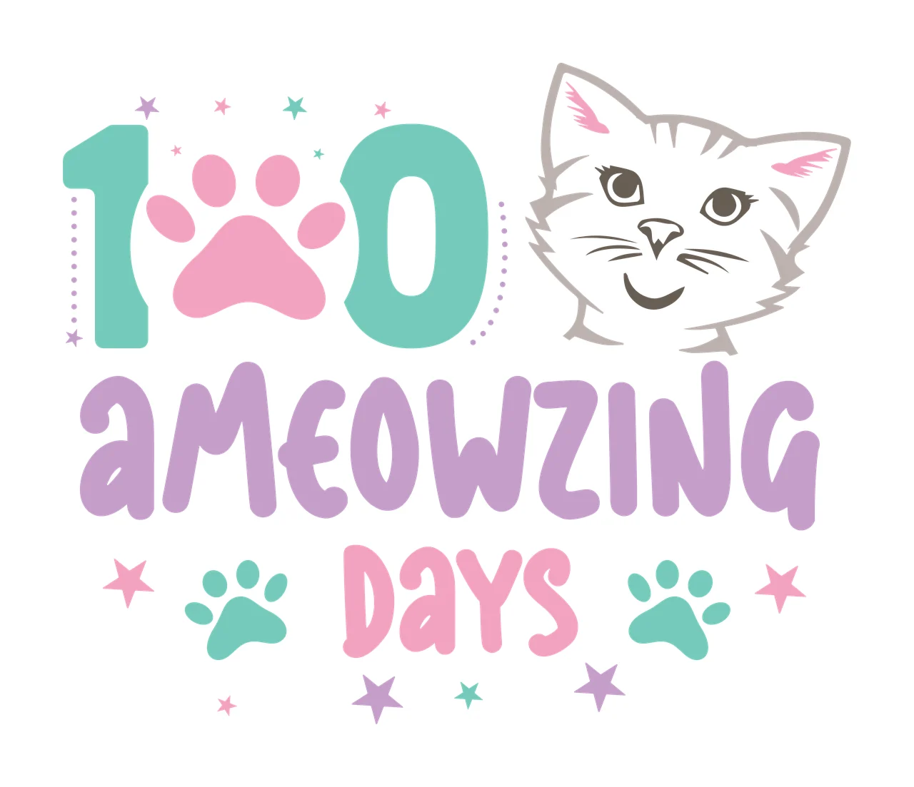 Cat 100 Ameowzing Days Head paw print stars typographic black