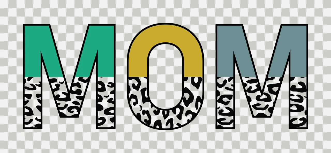 MOM Typography Design with black outlined letters, leopard print pattern, solid color blocks and mustard yellow in green transparency and detail preview thumbnail