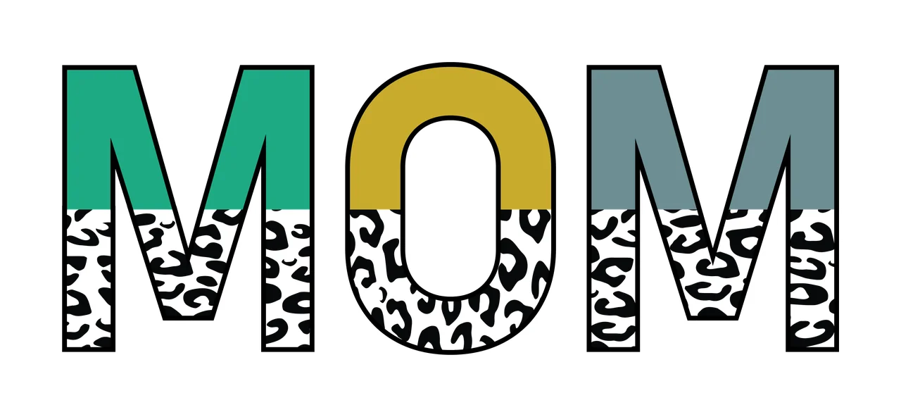 MOM Typography Design with black outlined letters, leopard print pattern, solid color blocks and mustard yellow in green