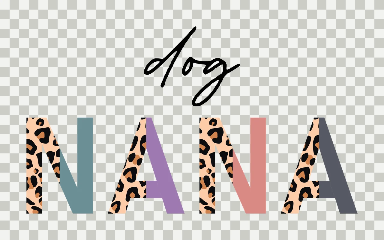 Dog NANA Typography Design with script text, leopard print pattern, split block letters and pastel solid colors in white, black and teal transparency and detail preview thumbnail