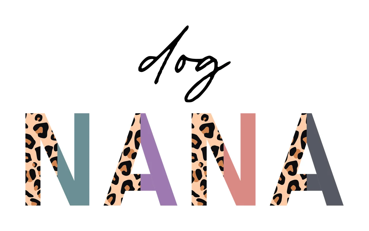 Dog NANA Typography Design with script text, leopard print pattern, split block letters and pastel solid colors in white, black and teal