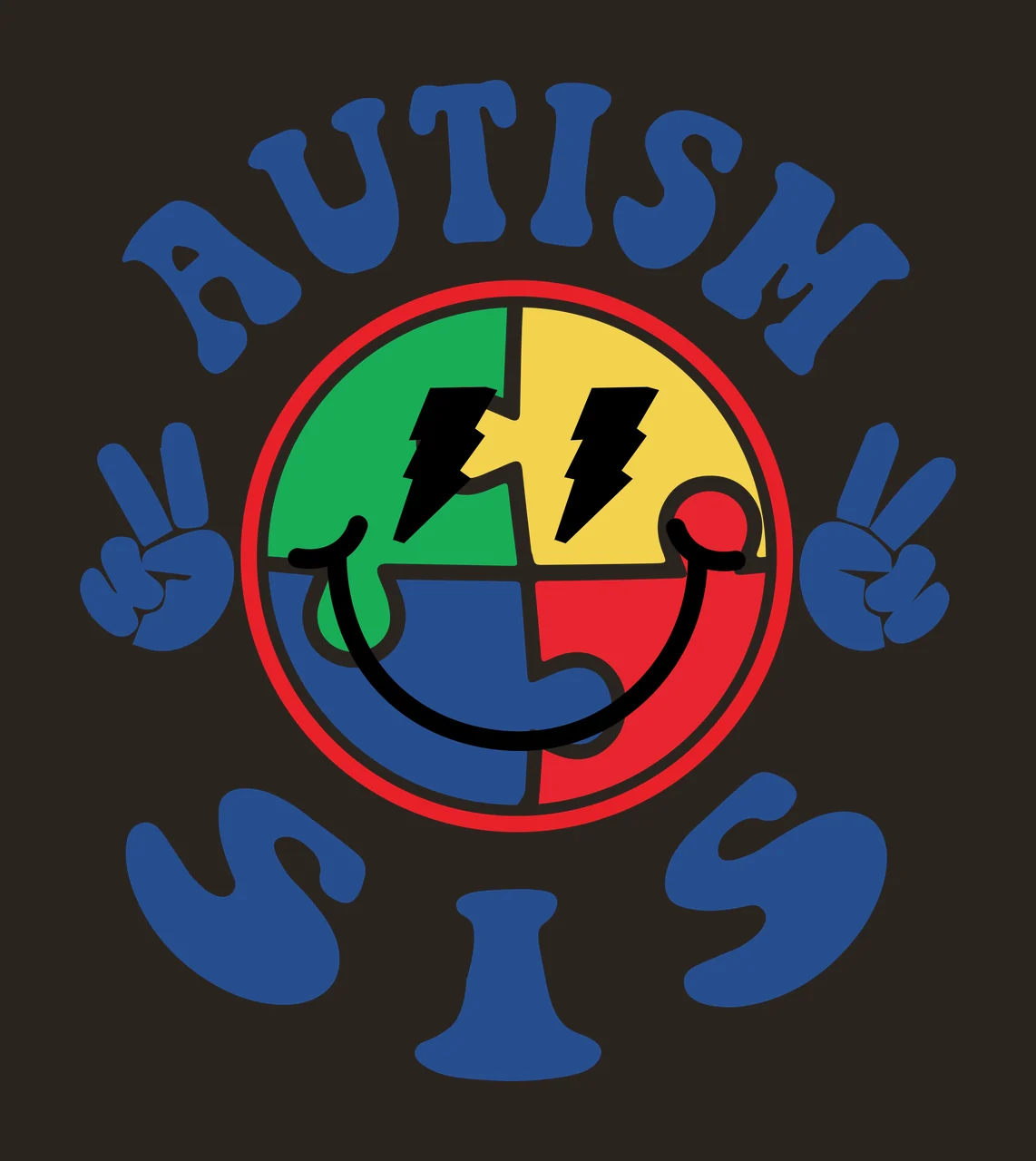 AUTISM SIS autism awareness Design with puzzle piece smiley face, lightning bolt eyes, peace sign hand gestures and curved text in blue, red and yellow contrast preview thumbnail