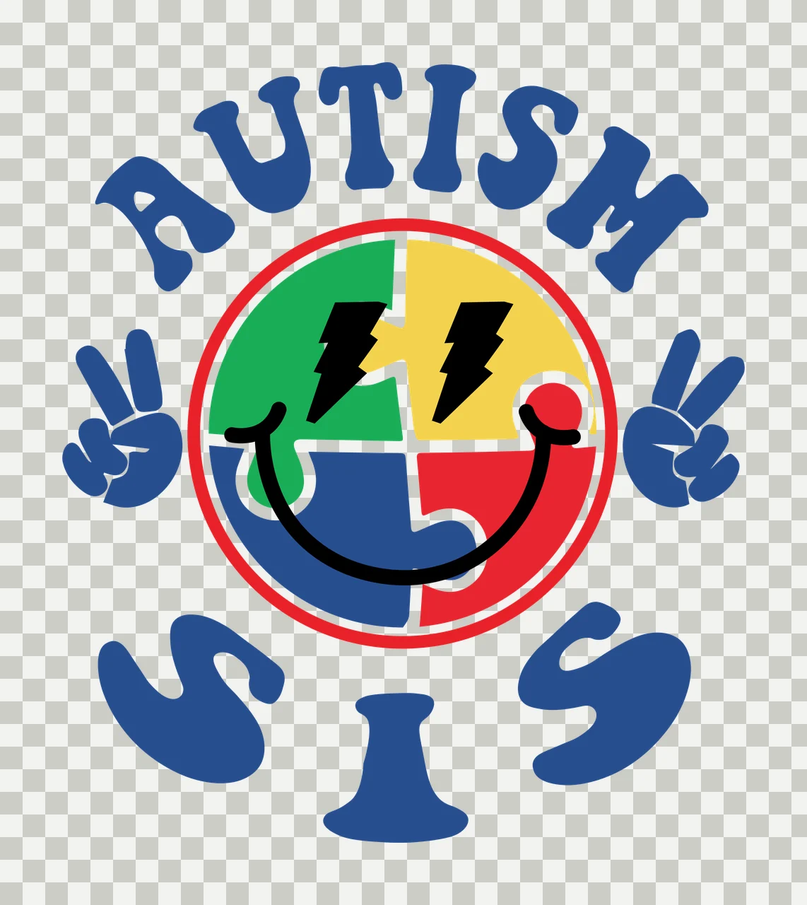 AUTISM SIS autism awareness Design with puzzle piece smiley face, lightning bolt eyes, peace sign hand gestures and curved text in blue, red and yellow transparency and detail preview thumbnail
