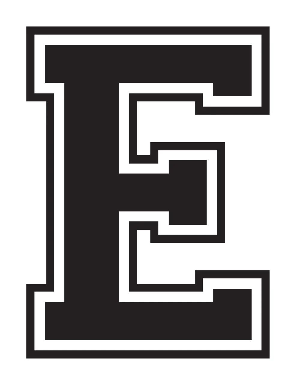 E Letter Design with block lettering, double outline, varsity and geometric shapes in black and white