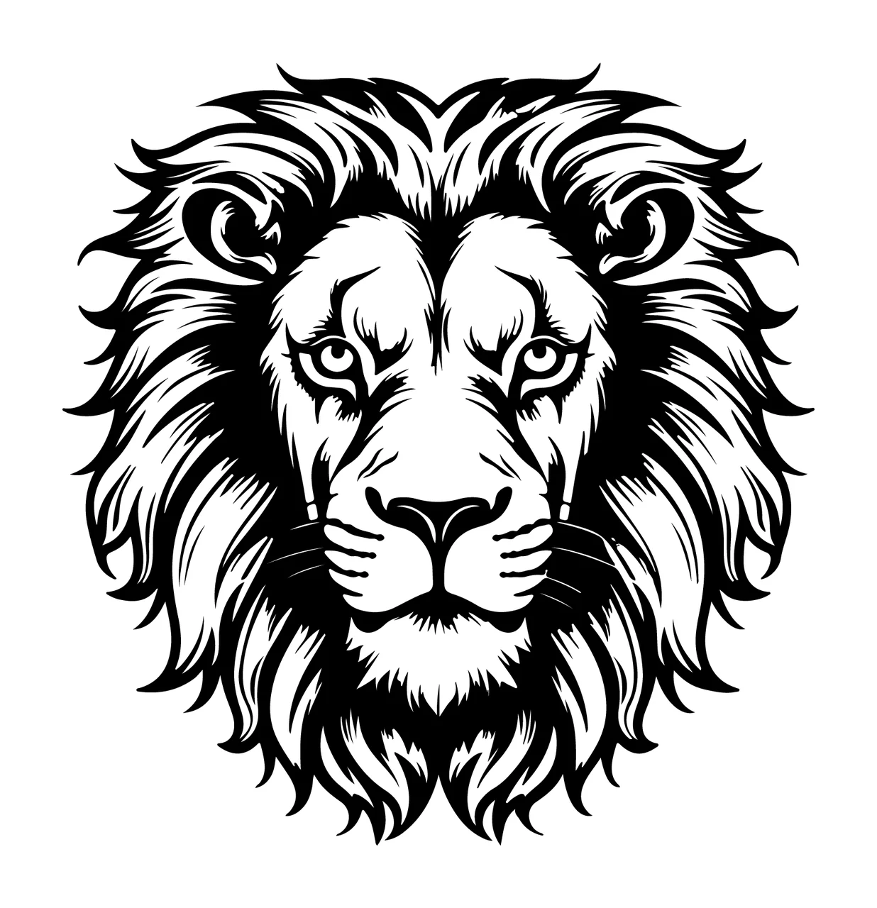 Lion Head Facing Forward Portrait mane black white plain animal