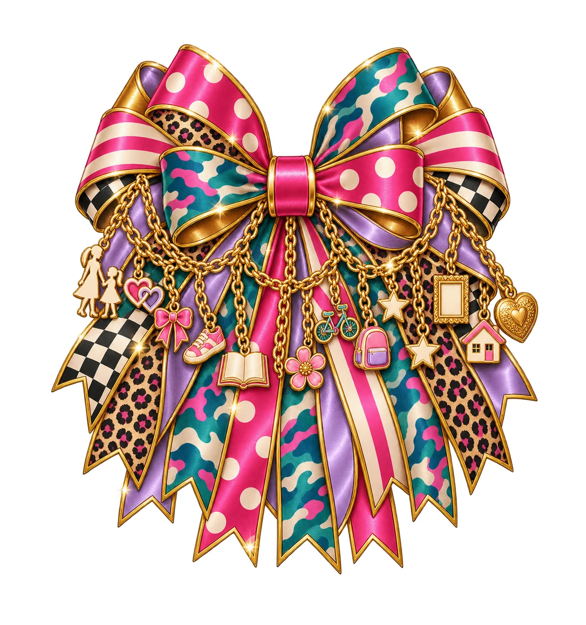 Girl Mom Bow Charm PNG, Gold Chain Charms, Transparent Sublimation Design, Digital Download
