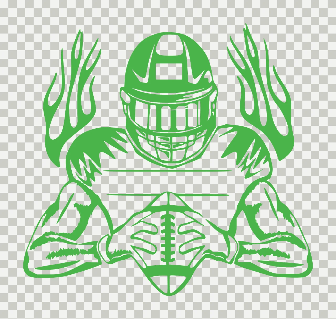 Helmeted Player Holding Football With Flames On Shoulders ball transparency and detail preview thumbnail