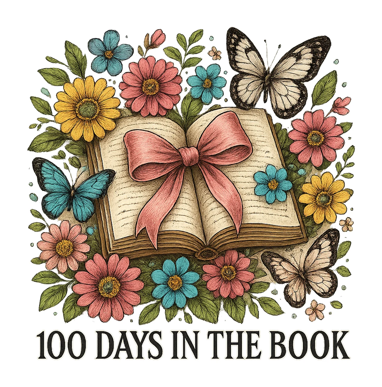 100 Days In The Book Floral Coquette Bow Design Retro School