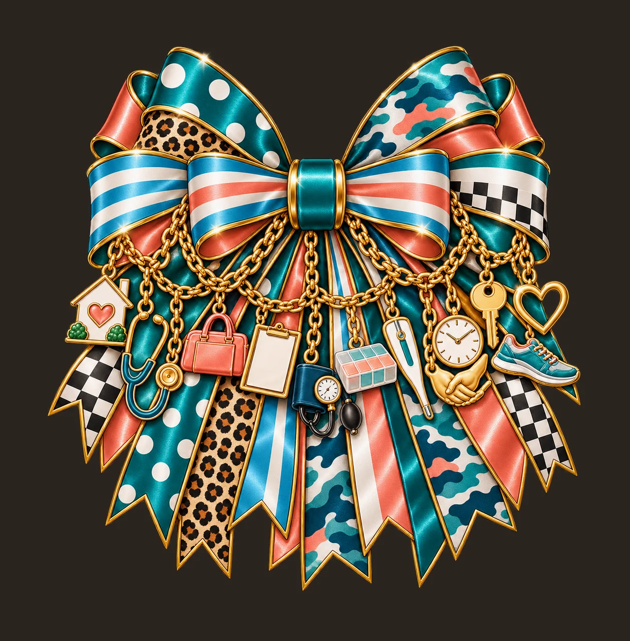 Home Health Nurse Bow Charm PNG, Gold Chain Charms, Transparent Sublimation Design, Digital Download contrast preview thumbnail