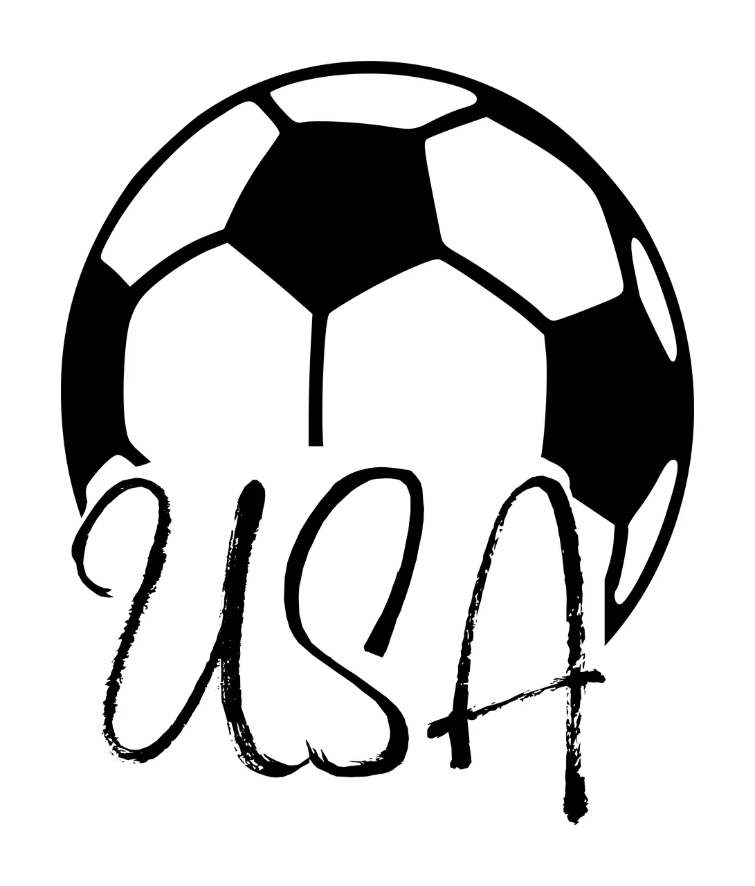 USA Typography Design with soccer ball, script lettering USA and brush strokes in black and white