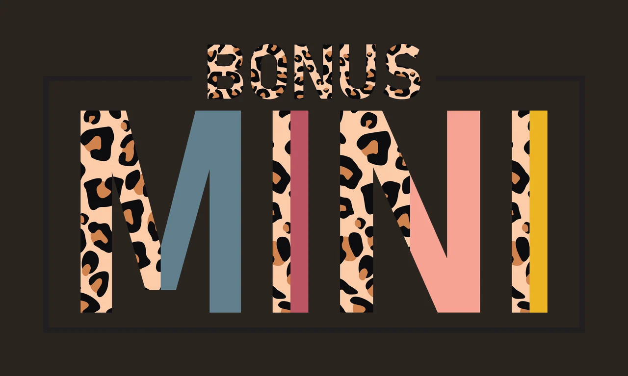 BONUS MINI typography with BONUS lettering, leopard print pattern, black rectangular frame and color blocks in white and tan contrast preview thumbnail