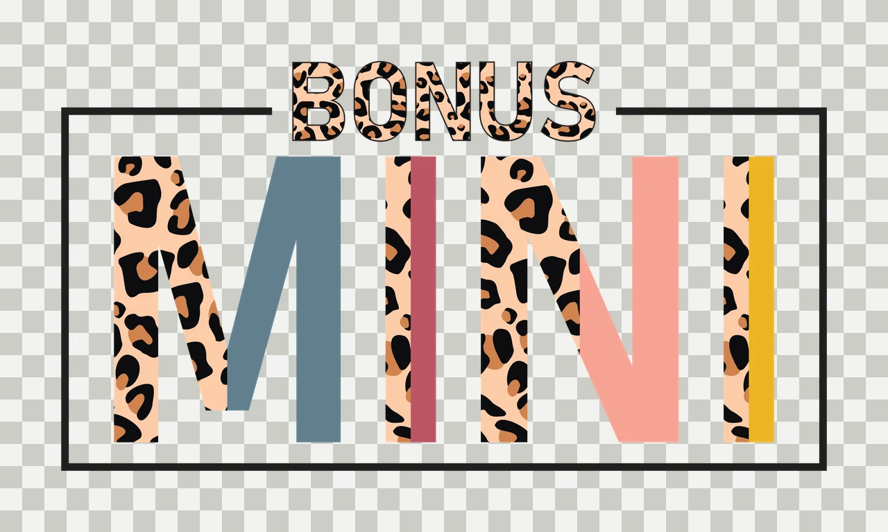 BONUS MINI typography with BONUS lettering, leopard print pattern, black rectangular frame and color blocks in white and tan transparency and detail preview thumbnail