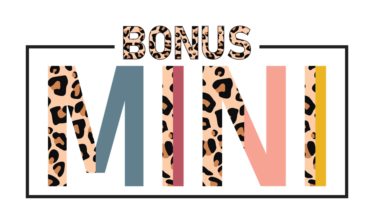 BONUS MINI typography with BONUS lettering, leopard print pattern, black rectangular frame and color blocks in white and tan