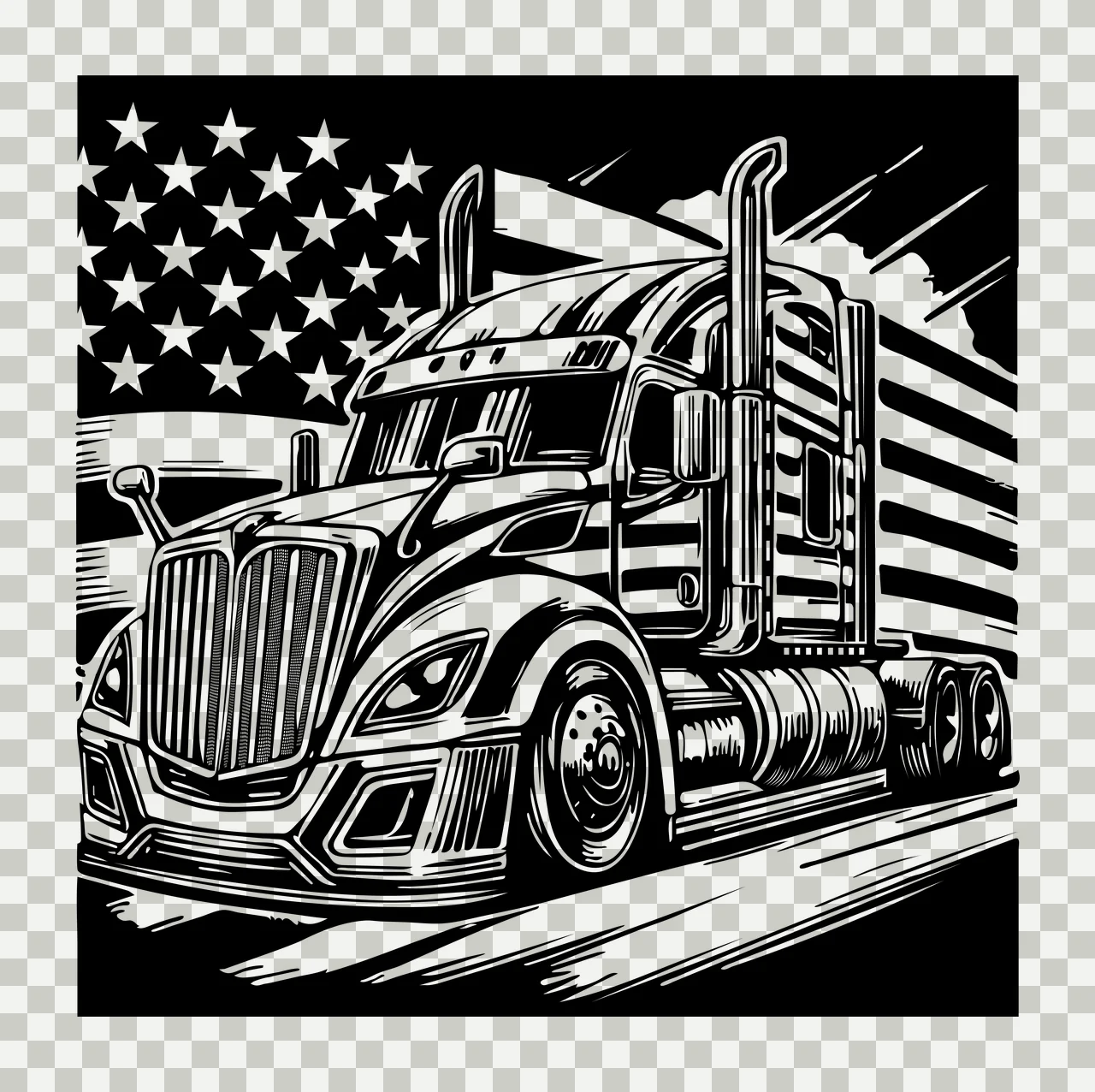 Truck Flag On Road driving woodcut black white plain star transport transparency and detail preview thumbnail