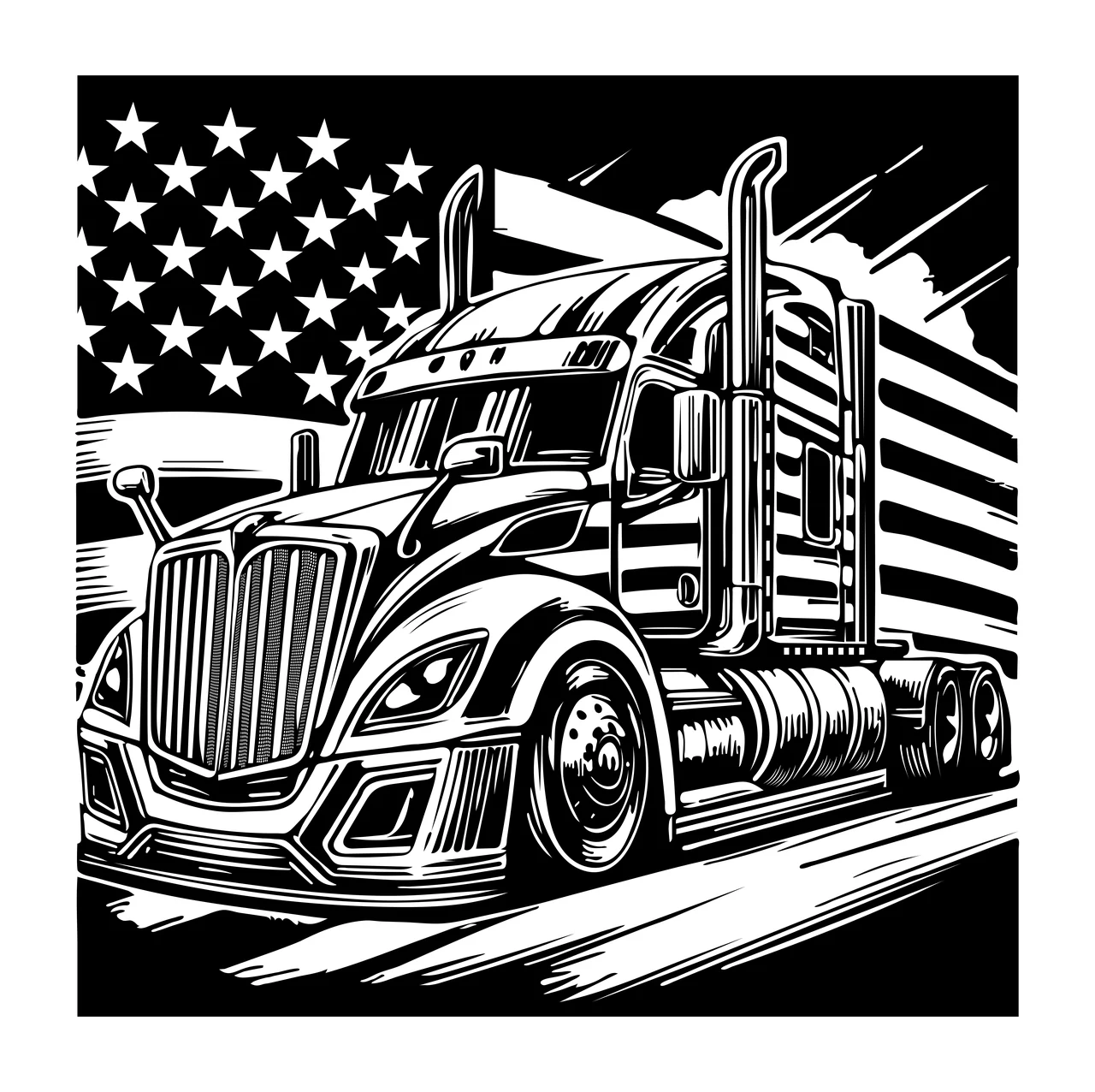 Truck Flag On Road driving woodcut black white plain star transport