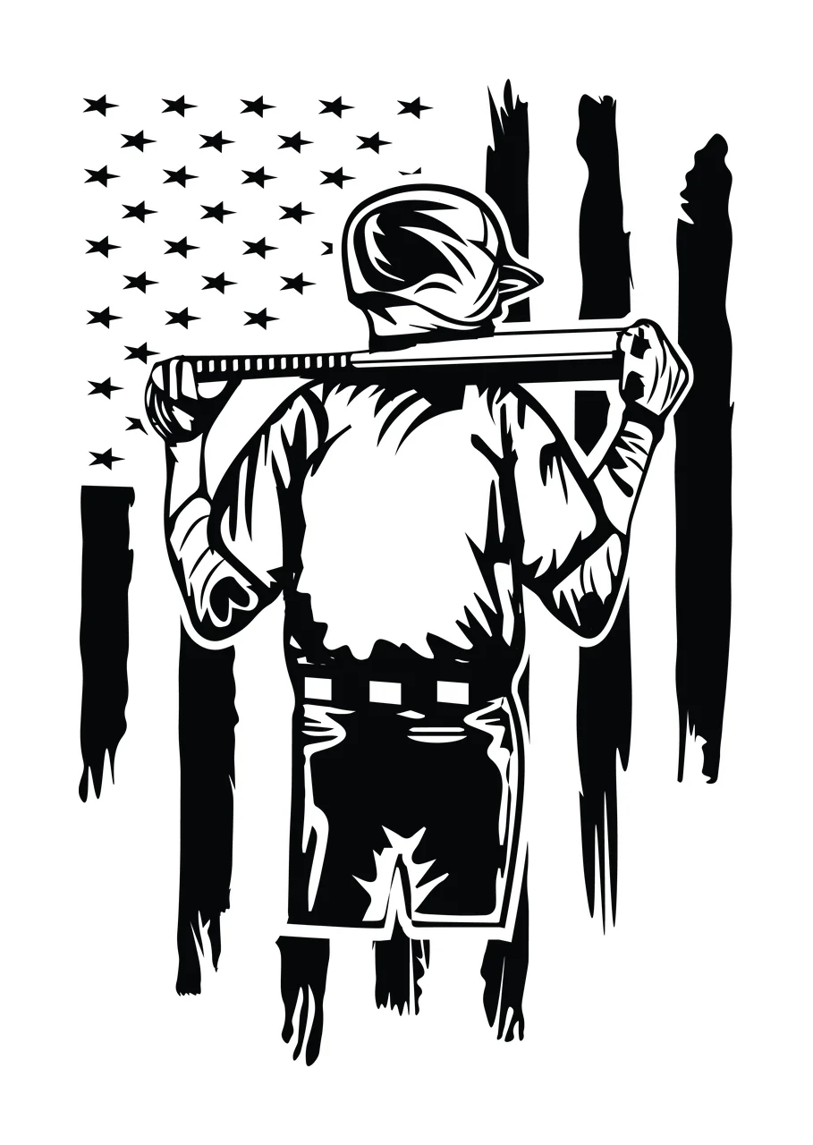 Baseball Player With Bat Against Distressed Flag Graphic standing