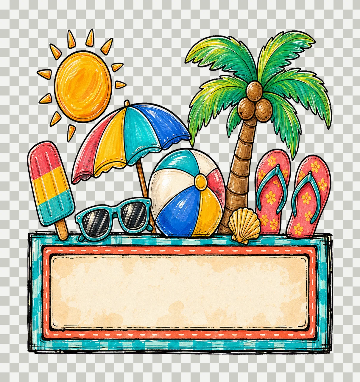 Summer Beach Name Plate Frame Design Hand Drawn Variation A transparency and detail preview thumbnail