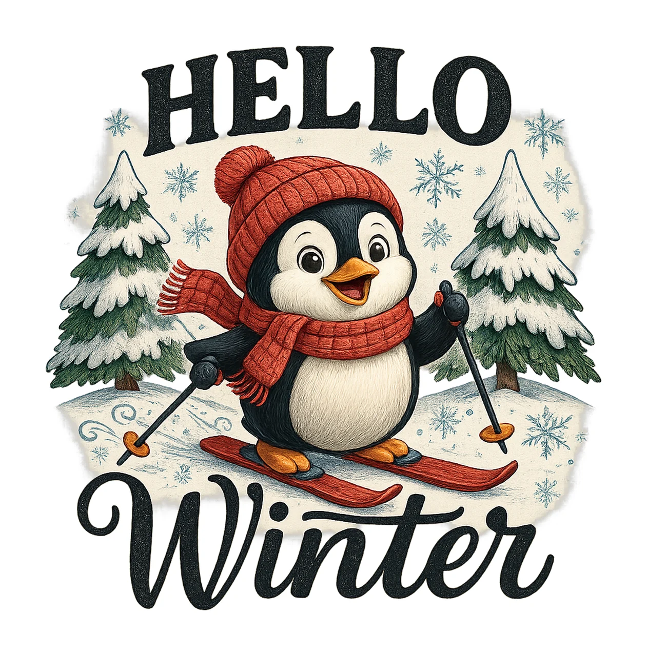 Hello Winter Penguin Skiing Winter Sublimation Design Trendy