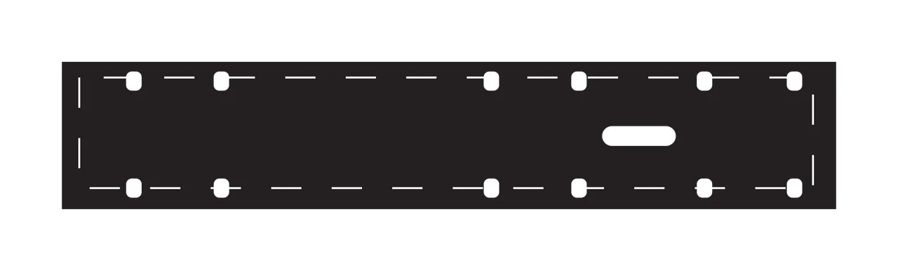 Technical gasket silhouette Illustration with black rectangular banner, white dashed border, rounded rectangular holes and central horizontal slot