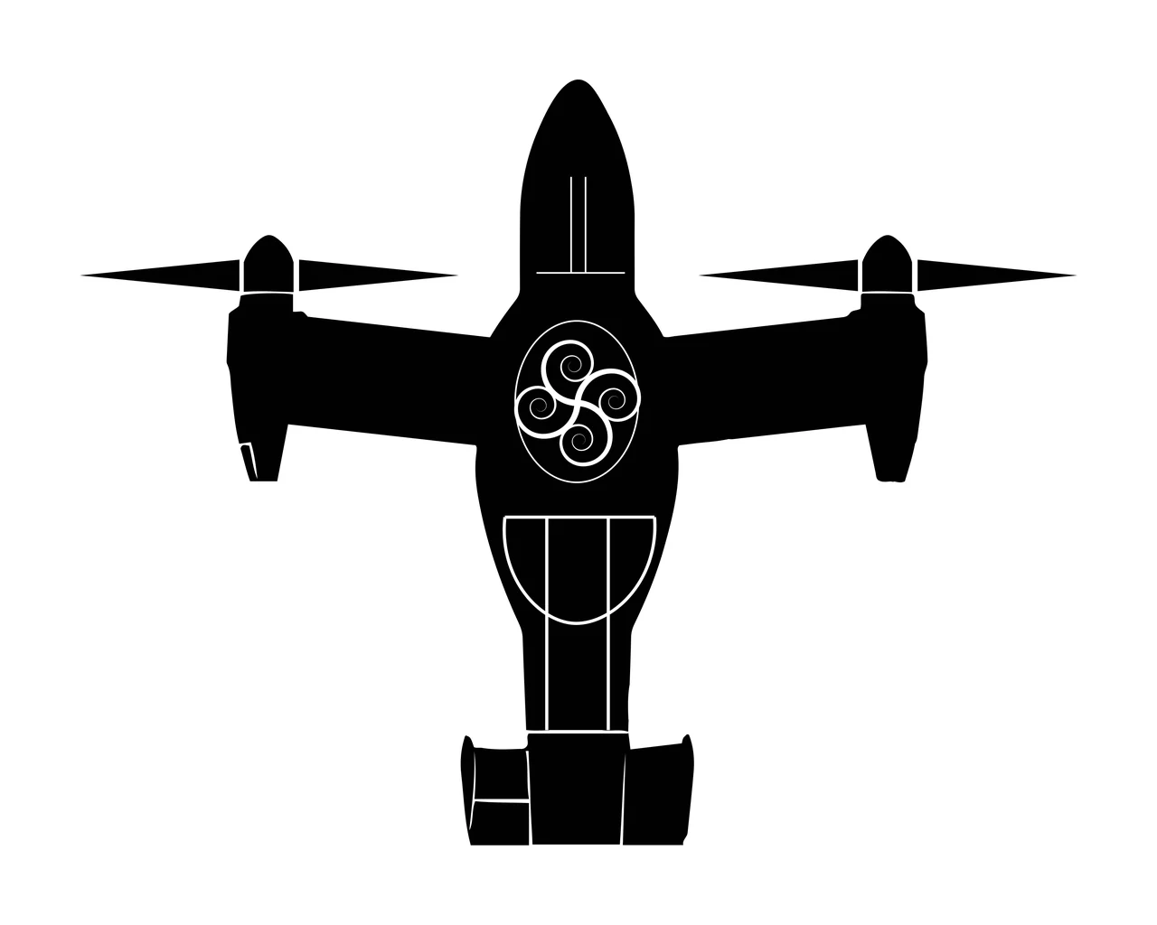 Tiltrotor aircraft silhouette Illustration with rotors, wings, spiral emblem and fuselage in black and white