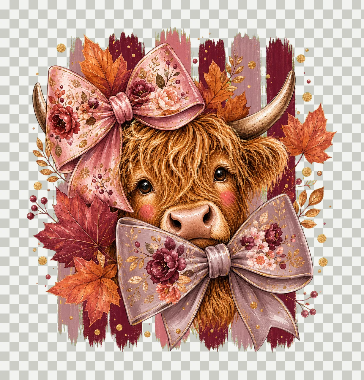 Highland Cow Fall Pink Bow Autumn Sublimation Variation D transparency and detail preview thumbnail