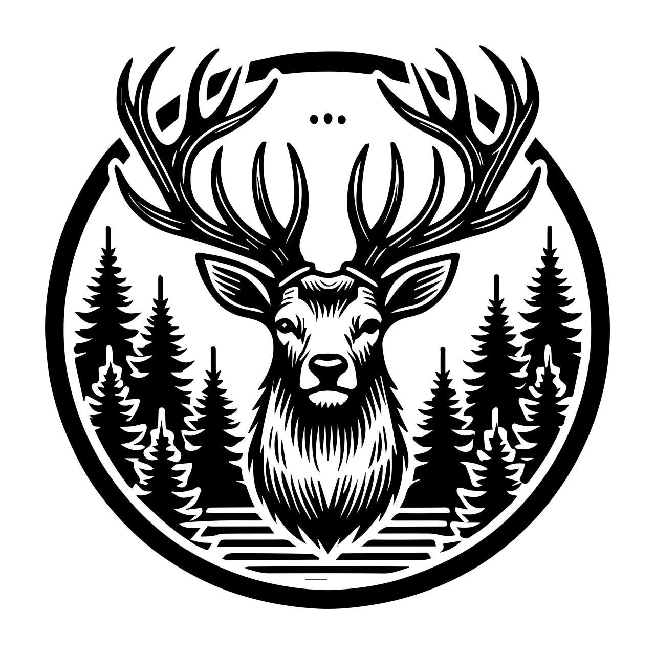 Deer Head Circular Forest Scene pine trees circle graphic illustration