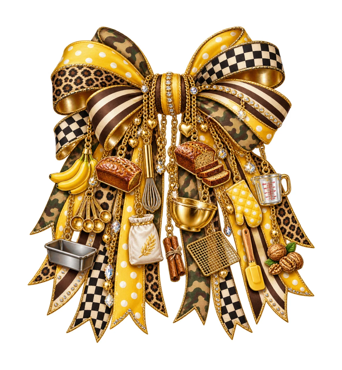 Banana Bread Baker Bow Charm PNG, Themed Gold Chain Charms, Coquette Ribbon Sublimation Design, Transparent Digital Download
