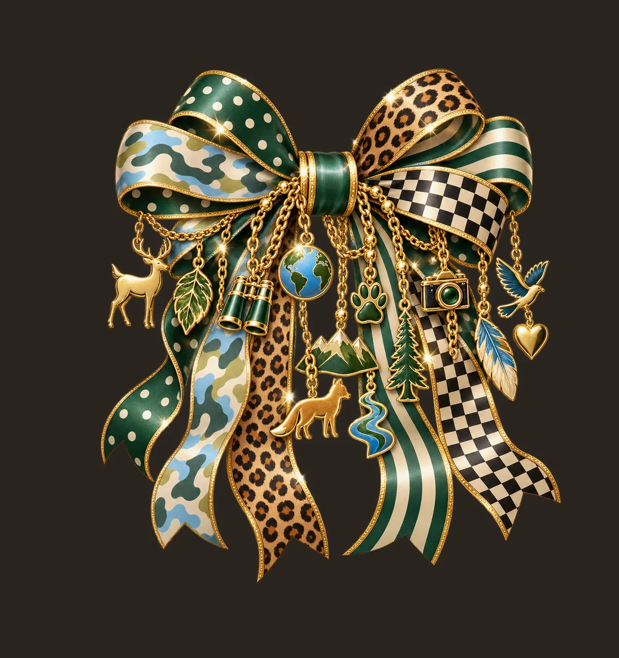 Wildlife Lover Bow Charm PNG, Themed Gold Chain Charms, Coquette Ribbon Sublimation Design, Transparent Digital Download contrast preview thumbnail