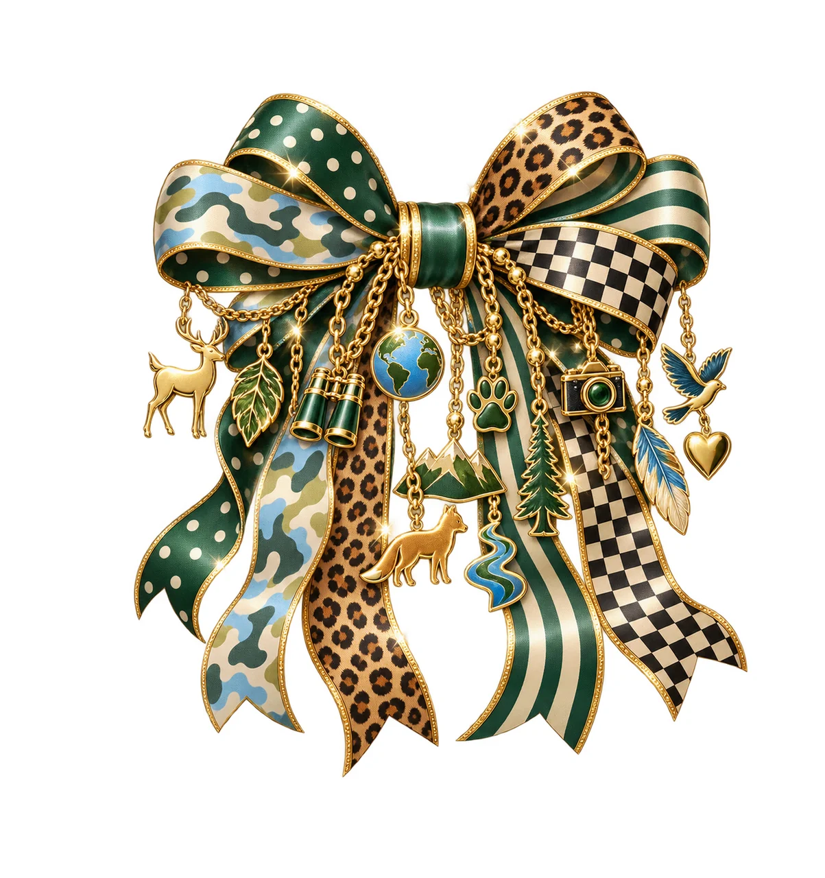 Wildlife Lover Bow Charm PNG, Themed Gold Chain Charms, Coquette Ribbon Sublimation Design, Transparent Digital Download