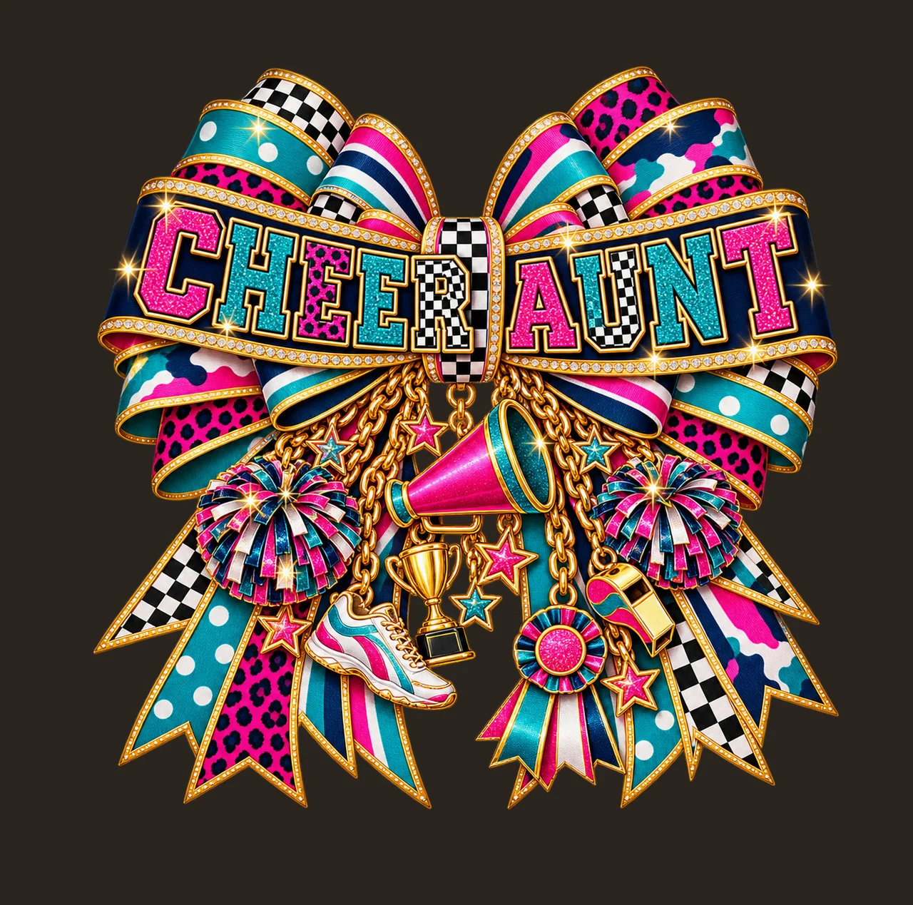 Cheer Aunt Bow Charm PNG, Patterned Varsity Aunt Ribbon Clipart, Transparent Sublimation Digital Download contrast preview thumbnail