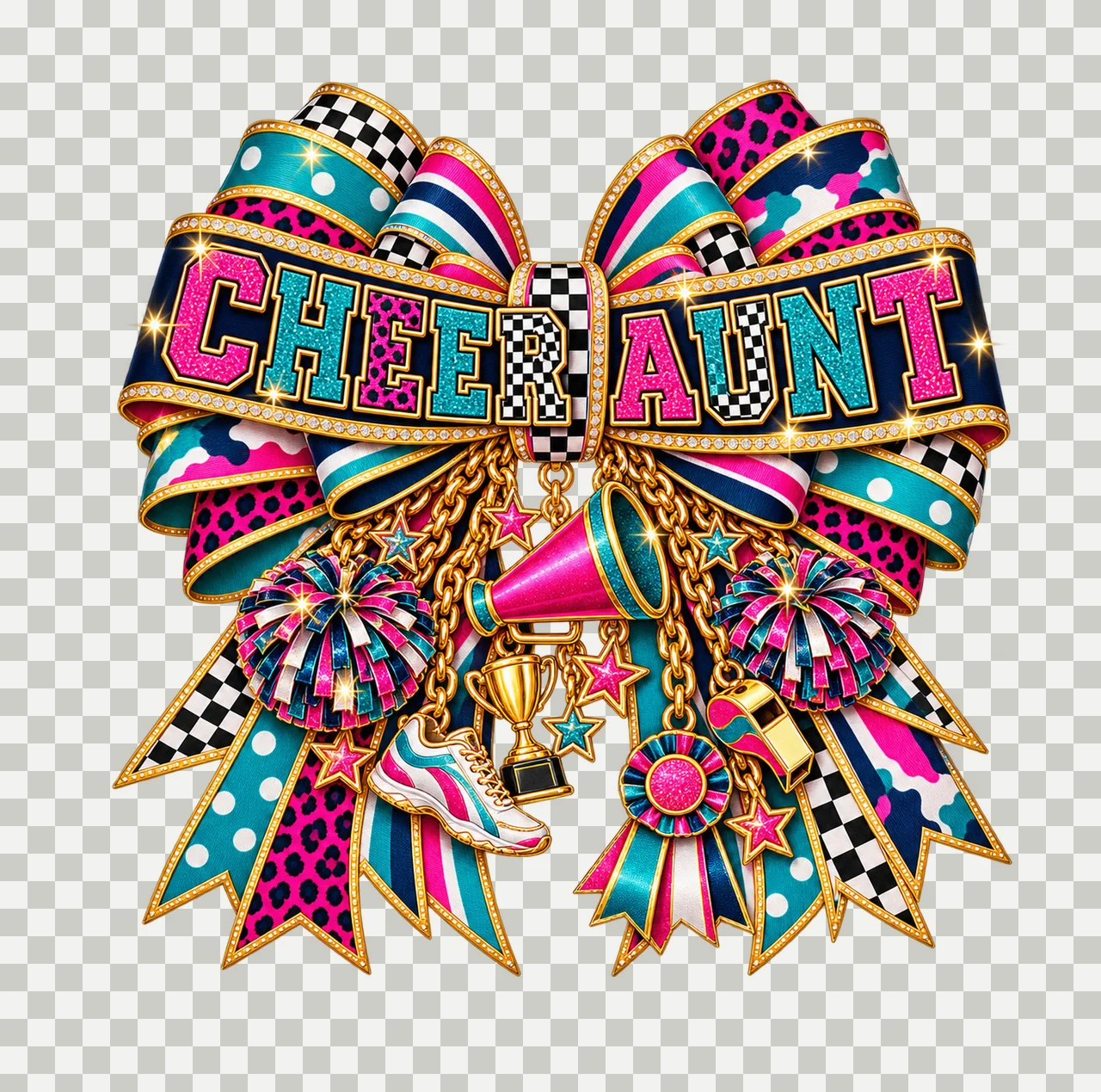 Cheer Aunt Bow Charm PNG, Patterned Varsity Aunt Ribbon Clipart, Transparent Sublimation Digital Download transparency and detail preview thumbnail