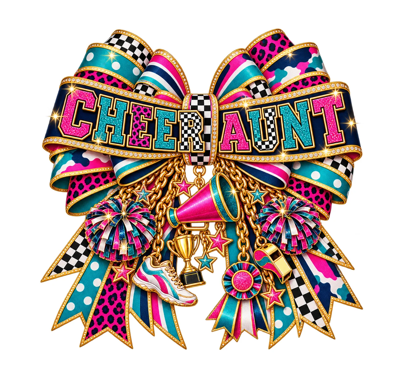 Cheer Aunt Bow Charm PNG, Patterned Varsity Aunt Ribbon Clipart, Transparent Sublimation Digital Download