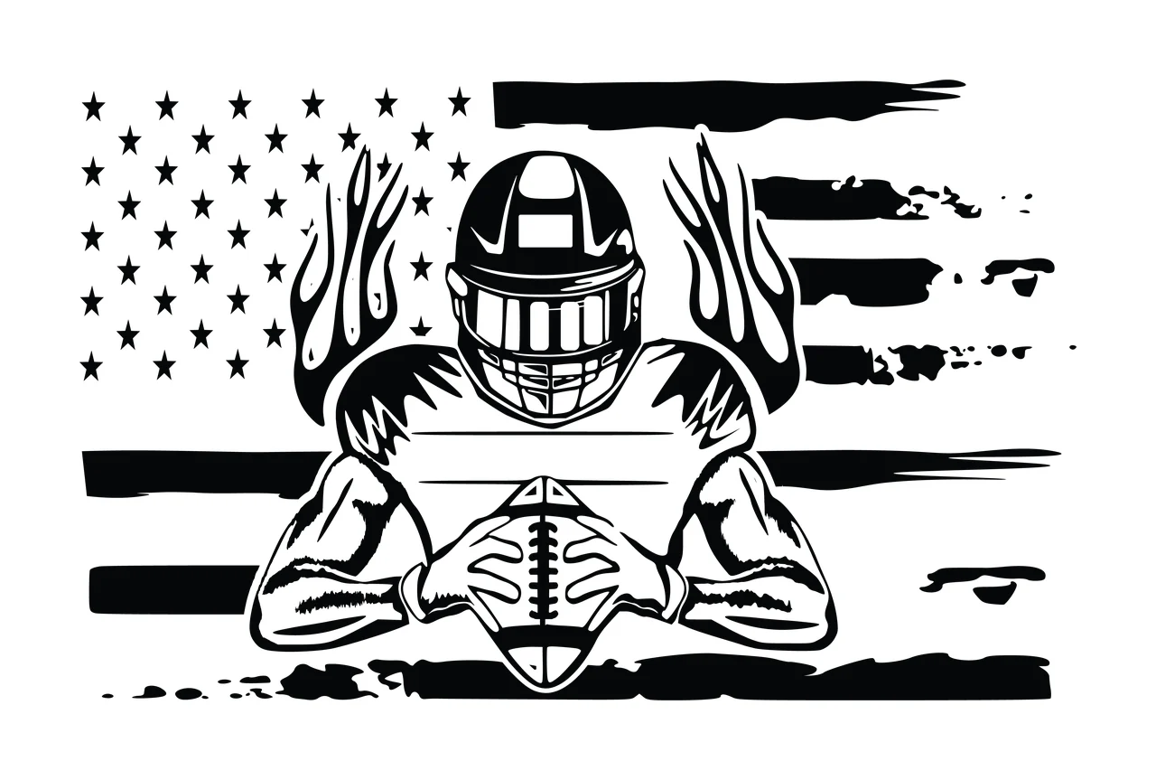 Flag American Athlete Holding Ball helmet flames black sports
