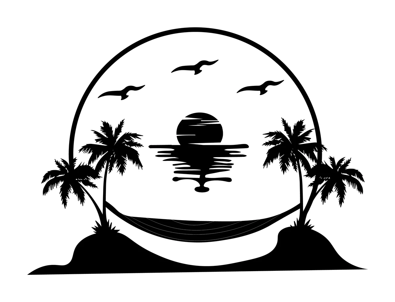 Palm Tree Sunset Beach Scene With Trees calm sun hammock birds