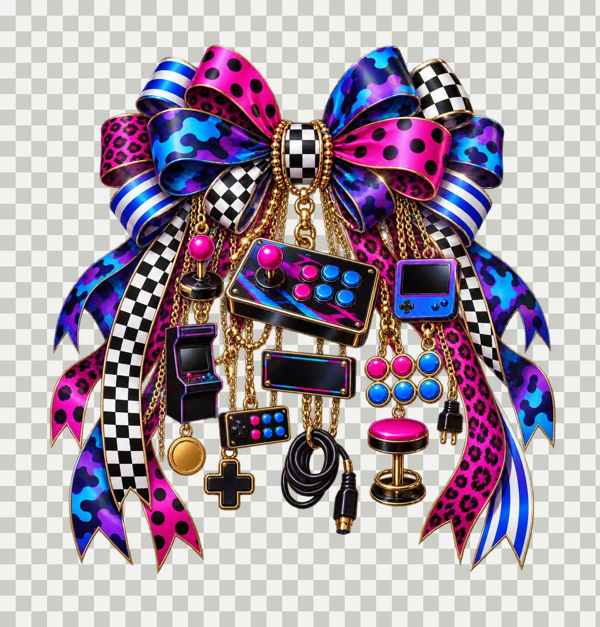 Gamer Arcade Fight Stick Bow Charm PNG, Gold Chain Charms, Transparent Sublimation Design, Digital Download transparency and detail preview thumbnail