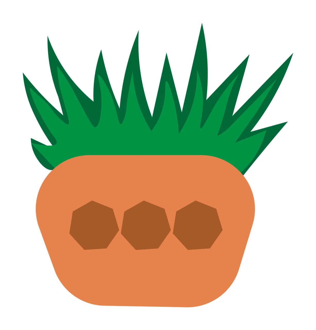 Orange pot with green spiky grass and three brown hexagons Illustration